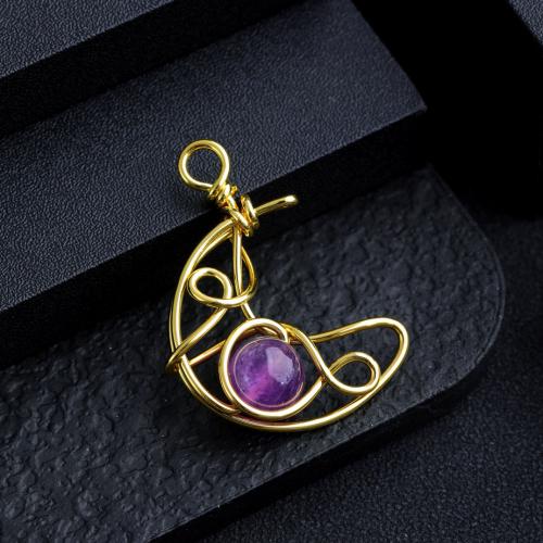 Gemstone Vedhæng Smykker, Natursten, med Zinc Alloy, Moon, guldfarve belagt, du kan DIY & forskellige materialer til valg, flere farver til valg, 22x32mm, Solgt af PC