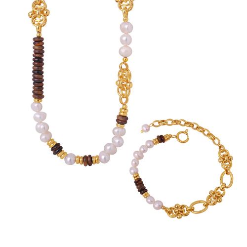 Zestawy biżuterii, Titantium stali, ze Tygrysie oko & Perła naturalna słodkowodna, Ręcznie robione, dla kobiety, złoty, sprzedane przez PC