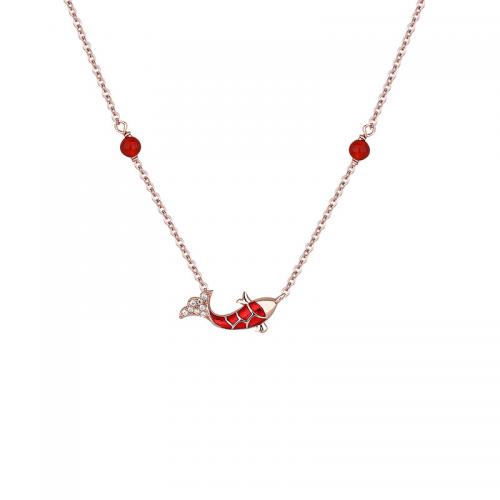 Cubic Zircon Micro Pave 925 Sterling Silver Necklace with Red Agate with 5CM extender chain plated micro pave cubic zirconia & for woman & enamel rose gold color Length Approx 40 cm Sold By PC