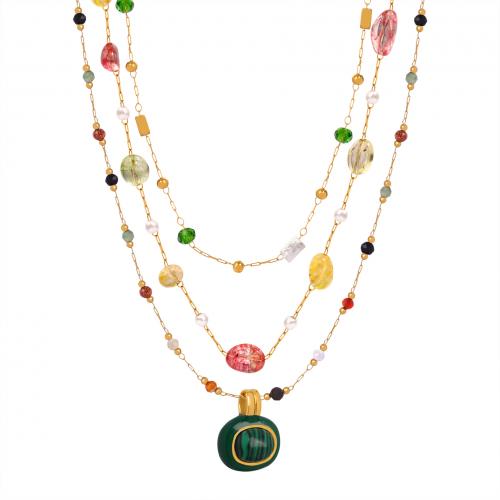 Titanstahl Halskette, mit Naturstein & Malachit & Kunststoff Perlen, handgemacht, verschiedene Stile für Wahl & für Frau, goldfarben, verkauft von PC