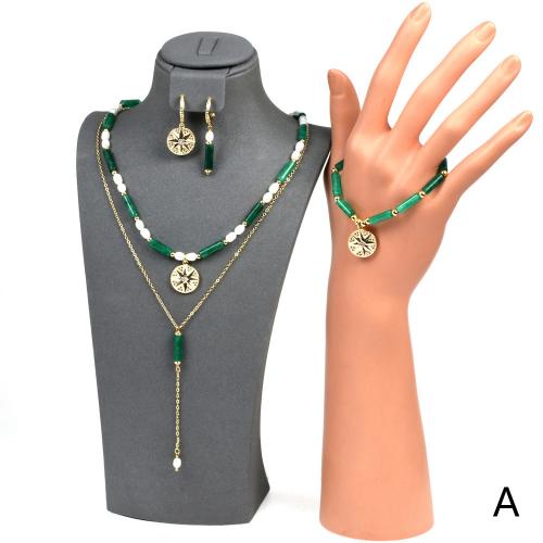 Brass Jewelry Set with Gemstone & Green Agate plated  & micro pave cubic zirconia & for woman Sold By PC