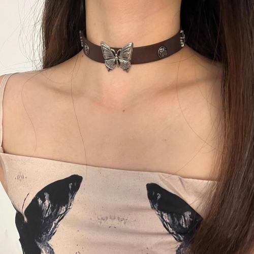 Tibetan Style Choker Necklace, with PU Leather, Butterfly, plated, vintage & for woman, Length:Approx 16 Inch, Sold By PC
