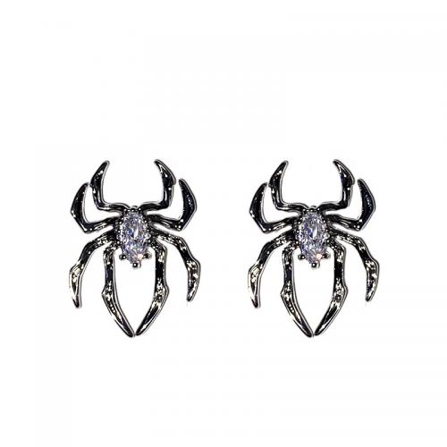 Zinc Alloy Stud Earring Spider platinum color plated for woman & with rhinestone Sold By Pair