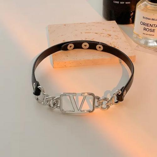 Tibetan Style Choker Necklace, with PU Leather, Alphabet Letter, platinum color plated, punk style & for woman & hollow, Length:Approx 16 Inch, Sold By PC