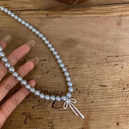 Tibetan Style Necklace, with Plastic Pearl, Bowknot, silver color plated, fashion jewelry & for woman, Length:Approx 16 Inch, Sold By PC