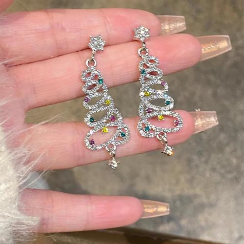 Tibetan Style Drop Earring, Christmas Tree, platinum color plated, different styles for choice & micro pave cubic zirconia & for woman, 20x50mm, Sold By Pair
