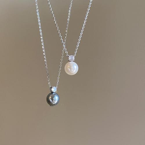 Tibetan Style Necklace, with Glass Pearl, Round, silver color plated, micro pave cubic zirconia & for woman, more colors for choice, Length:Approx 16 Inch, Sold By PC