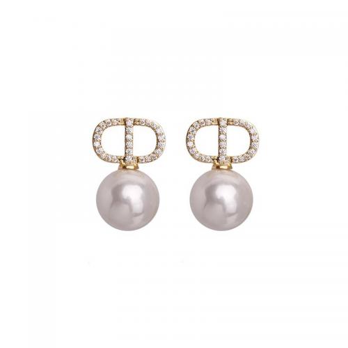 Zinc Alloy Stud Earring with Plastic Pearl Round plated for woman & with rhinestone & hollow Sold By Pair