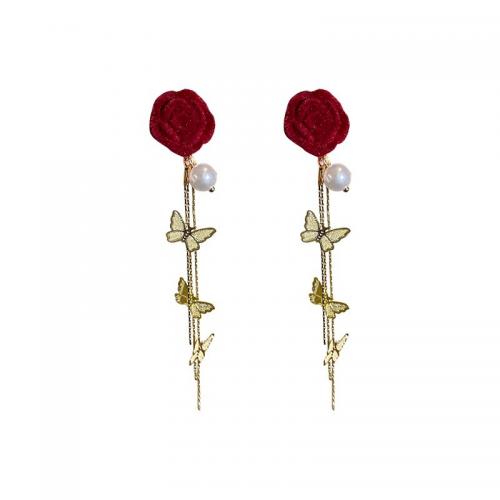 Zinc Alloy Tassel Earring with Velour & Plastic Pearl Flower gold color plated fashion jewelry & for woman Sold By Pair