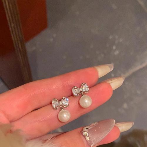 Zinc Alloy Drop Earring with Plastic Pearl Bowknot platinum color plated fashion jewelry & for woman & with rhinestone Sold By Pair