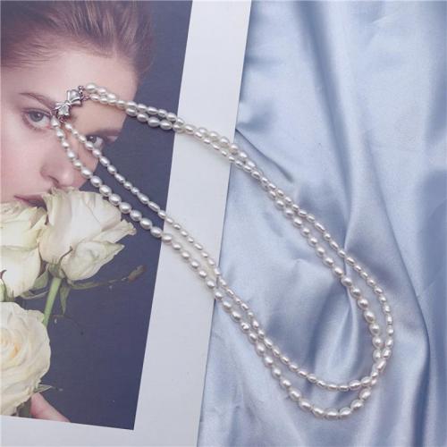 Freshwater Pearl Brass Chain Necklace, Pérolas de água doce, with cobre, Arroz, Camada Dupla & joias de moda & para mulher, branco, Pearl 3-6 mm, comprimento Aprox 50 cm, vendido por PC