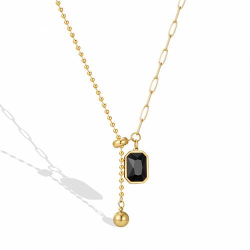 Titanová ocel náhrdelník, Titanium ocel, s Krystal, s 5cm extender řetězce, Polygon, módní šperky & pro ženy, černý, nikl, olovo a kadmium zdarma, 12x20mm, Délka Cca 44 cm, Prodáno By PC