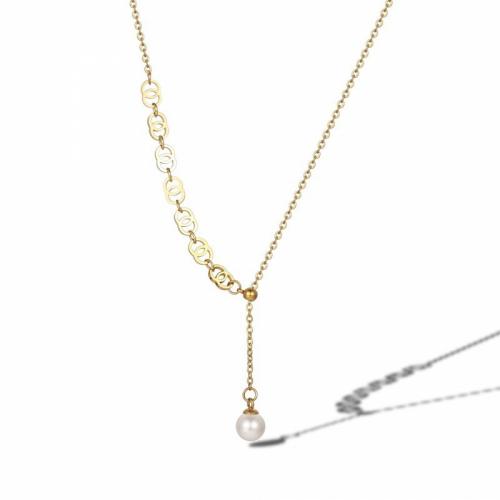 Titanium Steel Necklace with Shell Pearl with 5cm extender chain Round Vacuum Ion Plating fashion jewelry & for woman nickel lead & cadmium free Length Approx 40 cm Sold By PC