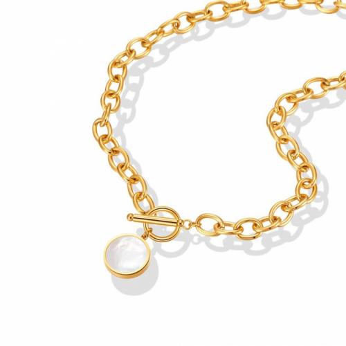 Titanová ocel náhrdelník, Titanium ocel, s White Shell, Flat Round, módní šperky & pro ženy, bílý, nikl, olovo a kadmium zdarma, 17x17mm, Délka Cca 42 cm, Prodáno By PC