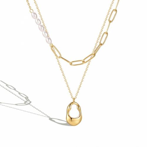 Titanium Steel Necklace, with Freshwater Pearl, with 5cm extender chain, Vacuum Ion Plating, Double Layer & fashion jewelry & for woman, golden, nickel, lead & cadmium free, 17x12mm, Length:Approx 42 cm, Approx 52 cm, Sold By PC