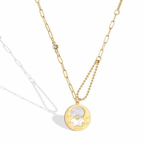 Titanium Steel Necklace with Cubic Zirconia & White Shell with 5cm extender chain Flat Round Vacuum Ion Plating fashion jewelry & for woman golden nickel lead & cadmium free Length Approx 40 cm Sold By PC