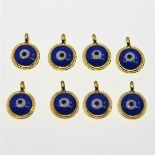 Evil Eye Pendants, Tibetan Style, Flat Round, KC gold color plated, fashion jewelry & DIY & enamel, blue, nickel, lead & cadmium free, 12x9x4mm, Approx 100PCs/Bag, Sold By Bag