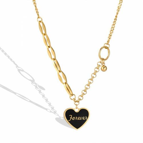 Titanium Steel Necklace, with 5cm extender chain, Heart, Vacuum Ion Plating, fashion jewelry & for woman & enamel, black, nickel, lead & cadmium free, 21x12mm, Length:Approx 41 cm, Sold By PC