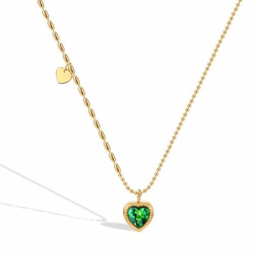 Titanium Steel Necklace with Cubic Zirconia with 5cm extender chain Heart Vacuum Ion Plating fashion jewelry & for woman green nickel lead & cadmium free Length Approx 47 cm Sold By PC