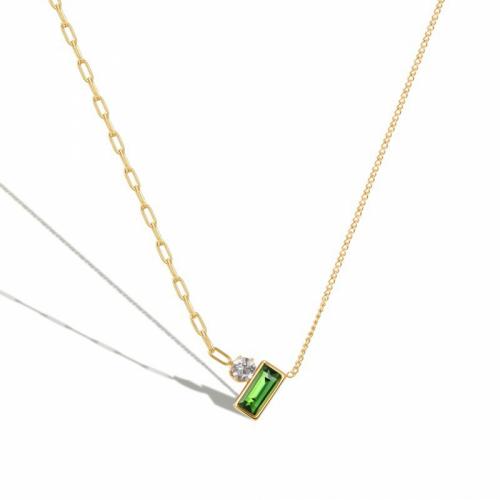 Titanium Steel Necklace, with Cubic Zirconia, with 5cm extender chain, Rectangle, Vacuum Ion Plating, fashion jewelry & for woman, green, nickel, lead & cadmium free, 4x8mm, Length:Approx 45 cm, Sold By PC