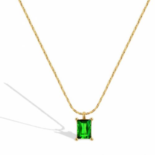 Titanium Steel Necklace, with Cubic Zirconia, with 5cm extender chain, Rectangle, Vacuum Ion Plating, fashion jewelry & for woman, green, nickel, lead & cadmium free, 6x8mm, Length:Approx 45 cm, Sold By PC