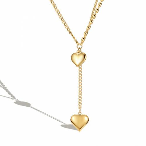 Titanstahl Halskette, mit Verlängerungskettchen von 5cm, Herz, Doppelschicht & Modeschmuck & für Frau, goldfarben, frei von Nickel, Blei & Kadmium, 15x15mm, Länge ca. 43 cm, verkauft von PC