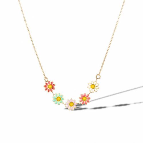 Titanium Steel Necklace with 5cm extender chain Daisy Vacuum Ion Plating fashion jewelry & for woman & enamel mixed colors nickel lead & cadmium free Length Approx 40 cm Sold By PC