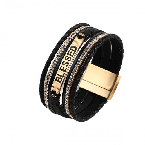 PU Leather Cord Bracelets with Zinc Alloy multilayer & Unisex & with rhinestone 27mm Length Approx 19.5 cm Sold By PC