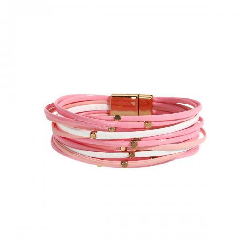 Bracelets cordon PU, cuir PU, avec Aimant, fait à la main, bijoux de mode & multicouche & pour femme, rose, 25mm, Longueur:Environ 19.5 cm, Vendu par PC