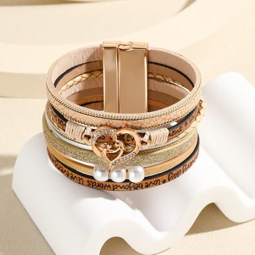 PU Leather Cord Bracelets, with Magnet & Plastic Pearl, multilayer & Unisex & with rhinestone, more colors for choice, Length:Approx 19.5 cm, Sold By PC