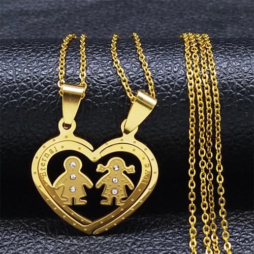 Couple Necklace 304 Stainless Steel Heart polished fashion jewelry & Unisex & with rhinestone Length Approx 50 cm Sold By PC