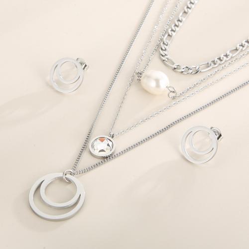 Cubic Zirconia Sada nerezových šperků, 304 Stainless Steel, s Cubic Zirconia & Plastové Pearl, módní šperky & různé styly pro výběr & pro ženy, více barev na výběr, Prodáno By PC