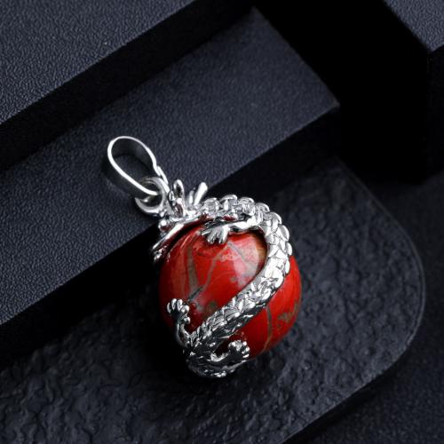 Gemstone Pendants Jewelry Natural Stone with Zinc Alloy Dragon silver color plated DIY Sold By PC