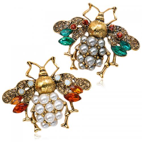 Tibetan Style Brooches, with Plastic Pearl, Bee, gold color plated, Unisex & with rhinestone, more colors for choice, nickel, lead & cadmium free, 53x41mm, Sold By PC