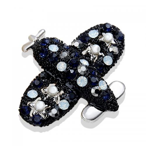 Zinc Alloy Brooches with Plastic Pearl Airplane silver color plated for woman & with rhinestone black nickel lead & cadmium free Sold By PC