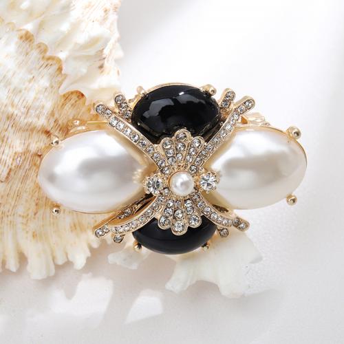 Tibetan Style Brooches, with Plastic Pearl, gold color plated, for woman & with rhinestone, black, nickel, lead & cadmium free, 55x36mm, Sold By PC