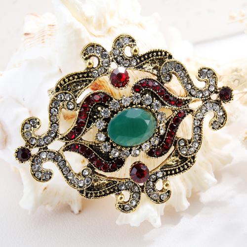 Tibetan Style Brooches, gold color plated, for woman & with rhinestone, mixed colors, nickel, lead & cadmium free, 65x50mm, Sold By PC