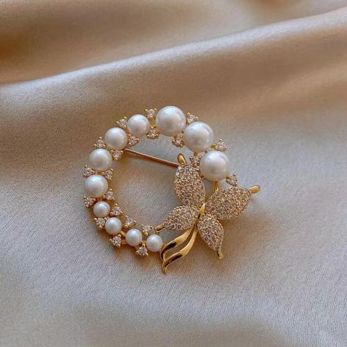Zinc Alloy Brooches with Plastic Pearl Butterfly gold color plated for woman & with rhinestone white nickel lead & cadmium free 42mm Sold By PC