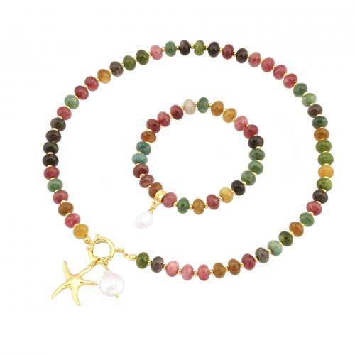 Brass Jewelry Set with Gemstone & Freshwater Pearl handmade  & for woman multi-colored Sold By PC