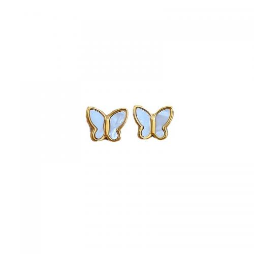 Acier titane boucle d oreille dormeuse, avec coquille blanche, papillon, Placage de couleur d'or, bijoux de mode & pour femme, 1.20x10mm, Vendu par paire
