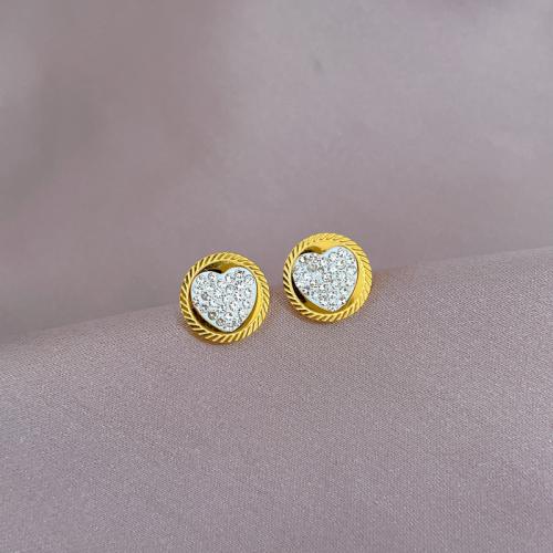 Titanium Steel Stud Earring, Round, plated, for woman & with rhinestone, 12mm, Sold By Pair