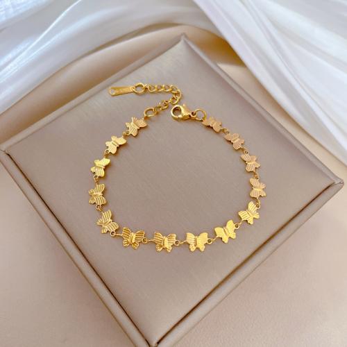 Partículas de aço pulseira, with 1.2inch extender chain, Borboleta, cromado de cor dourada, joias de moda & para mulher, comprimento Aprox 6.3 inchaltura, vendido por PC