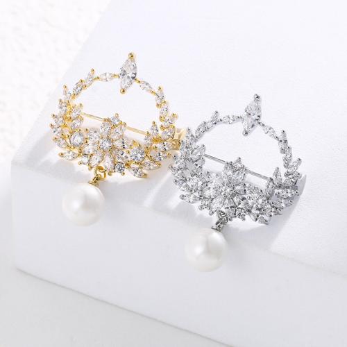 Plastic Pearl Brooch Brass with Plastic Pearl micro pave cubic zirconia & for woman nickel lead & cadmium free Sold By PC