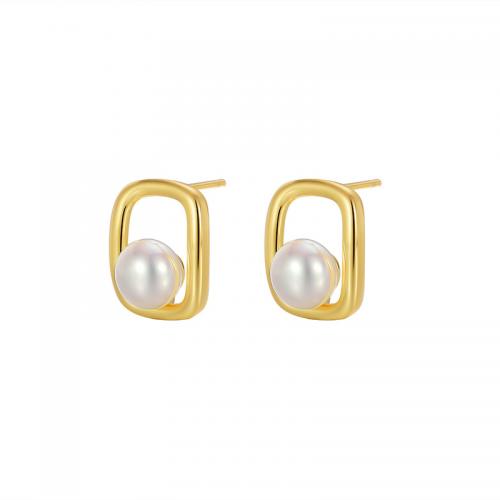 Brass Stud Earring, with Plastic Pearl, fashion jewelry & for woman & hollow, golden, nickel, lead & cadmium free, 15x12mm, Sold By Pair