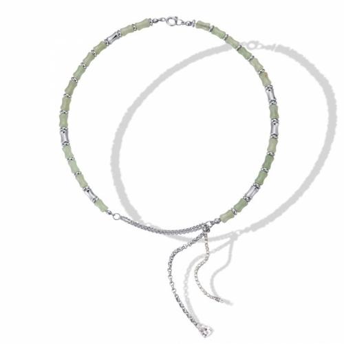 Titanium Steel Necklace, with Dyed Jade, fashion jewelry & for woman & with rhinestone, green, nickel, lead & cadmium free, 7mm, Length:Approx 45 cm, Sold By PC