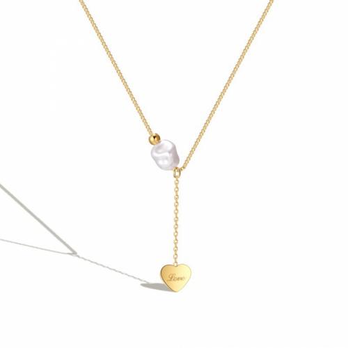 Titanium Steel Necklace with Freshwater Pearl with 5cm extender chain Heart Vacuum Ion Plating fashion jewelry & for woman golden nickel lead & cadmium free Length Approx 47 cm Sold By PC