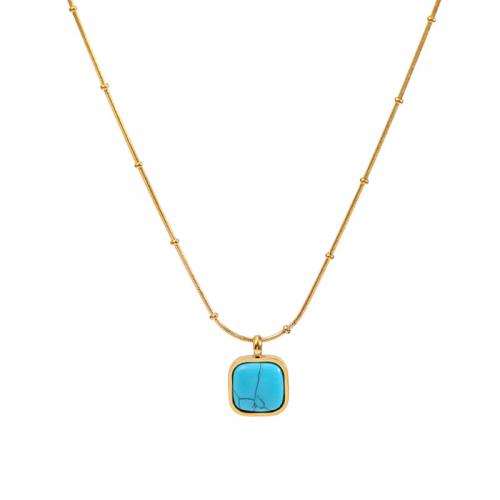 Titanium Steel Necklace, with Turquoise, with 6.5cm extender chain,  Square, Vacuum Ion Plating, fashion jewelry & for woman, blue, nickel, lead & cadmium free, 12mm, Length:Approx 42 cm, Sold By PC