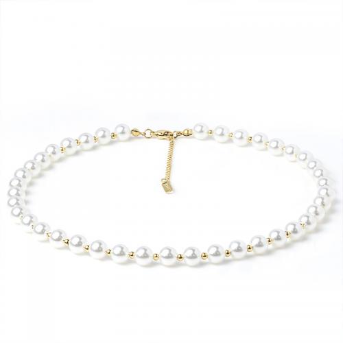Titanium Steel Necklace, with Plastic Pearl, with 5cm extender chain, Round, Vacuum Ion Plating, fashion jewelry & for woman, white, nickel, lead & cadmium free, 8mm, Length:Approx 40 cm, Sold By PC