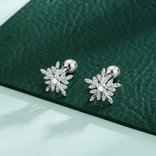 925 Sterling Silver Stud Earrings Snowflake fashion jewelry & for woman & with rhinestone nickel lead & cadmium free Sold By Pair