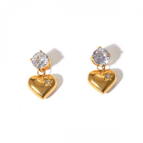 Stainless Steel Drop Earring 304 Stainless Steel Heart 18K gold plated fashion jewelry & micro pave cubic zirconia & for woman golden Sold By Pair